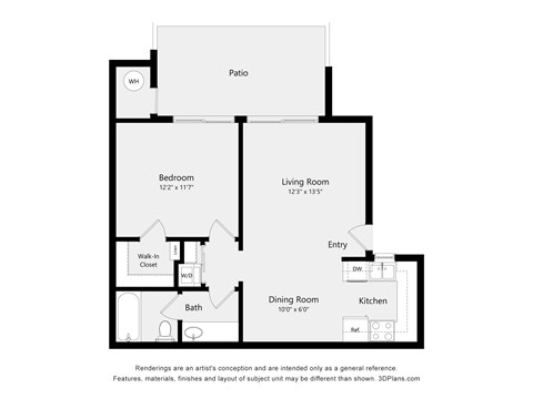 Floor plan for 1 bed, 1 bath, 656 sqft